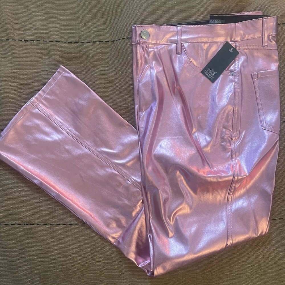 NWT Women's High-Rise Metallic PINK Flare Pants - WildFable Size 14